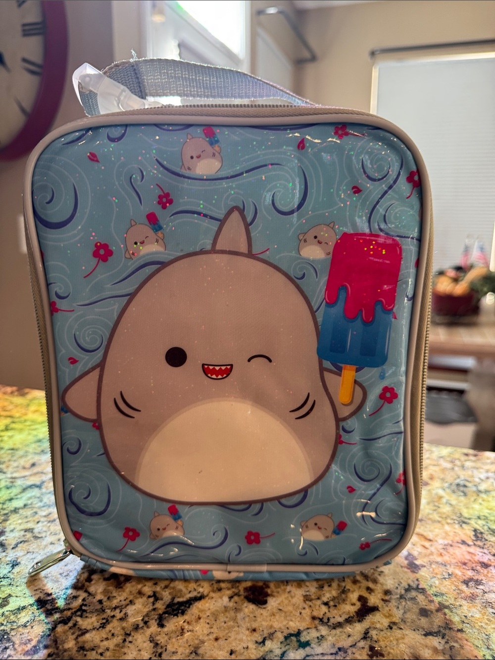 Squishmallows Blue Shark Lunch Tote with Pink & Blue Popsicle